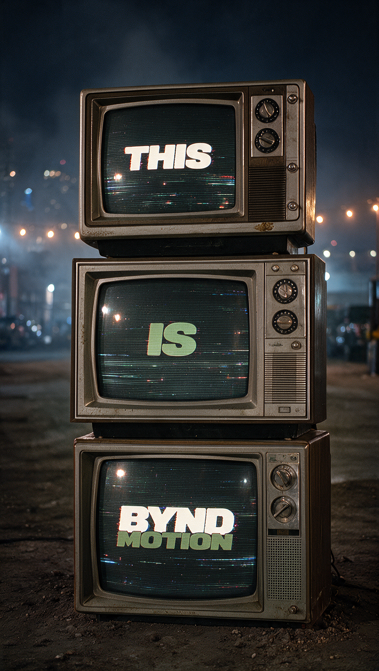 Stacked vintage television sets displaying the words "This is Bynd Motion" across their screens at night