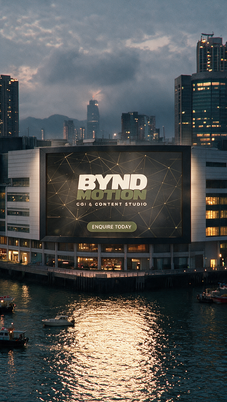 Bynd Motion billboard mounted above a harbour at dusk with boats on the water