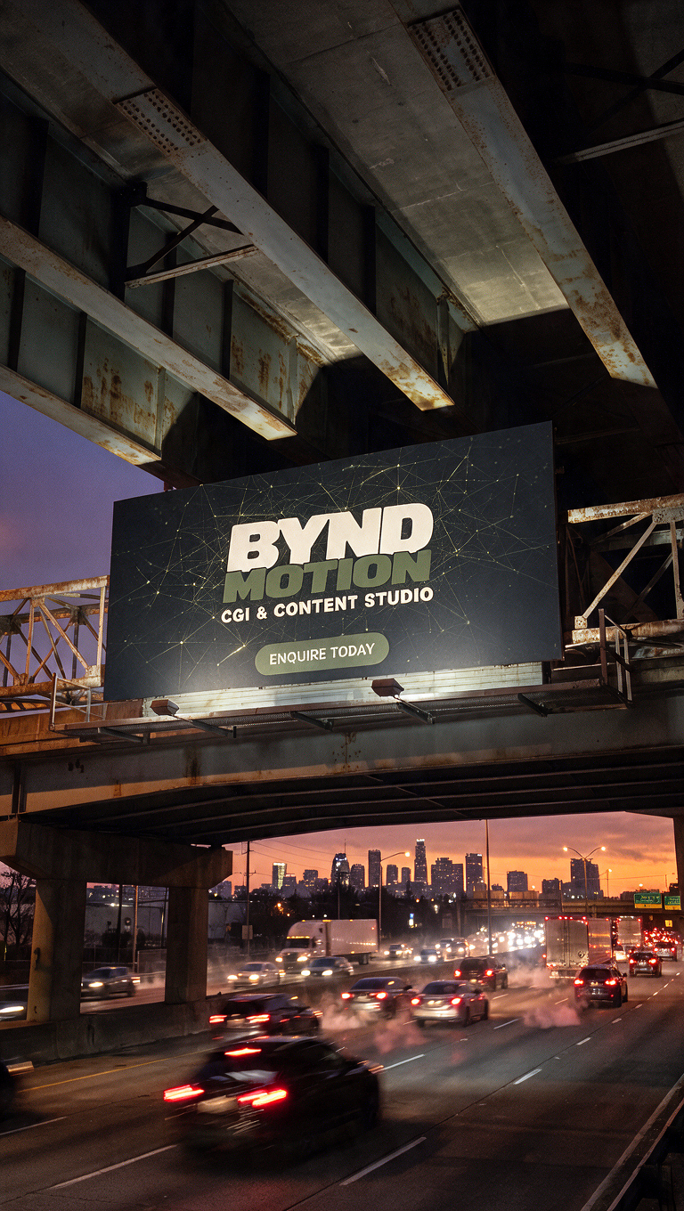 Bynd Motion billboard mounted under a freeway overpass at dusk with traffic below